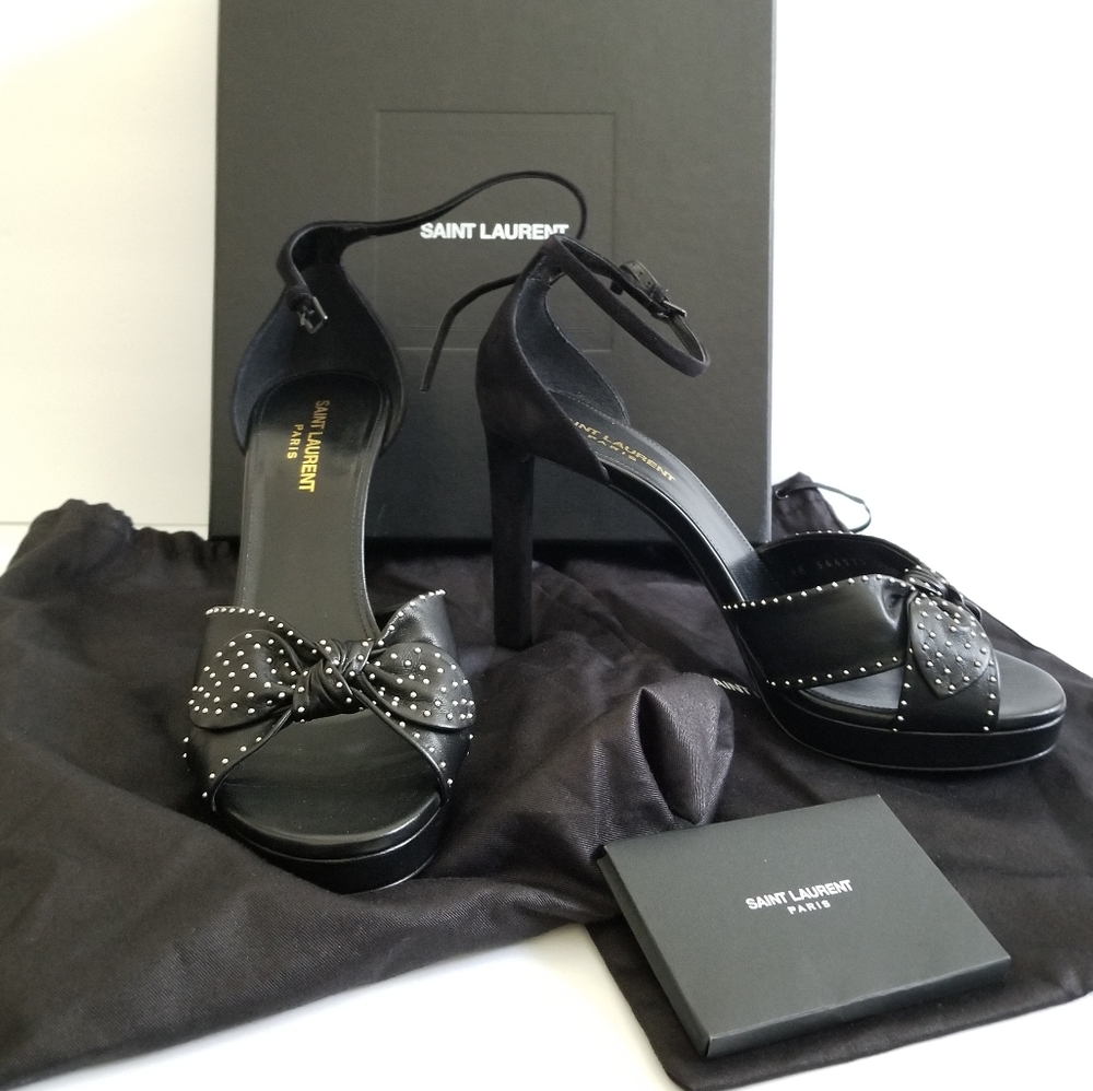 Saint Laurent Leather Metal Studded Platform Sandals Size 39.5 Black - Picture 15 of 15